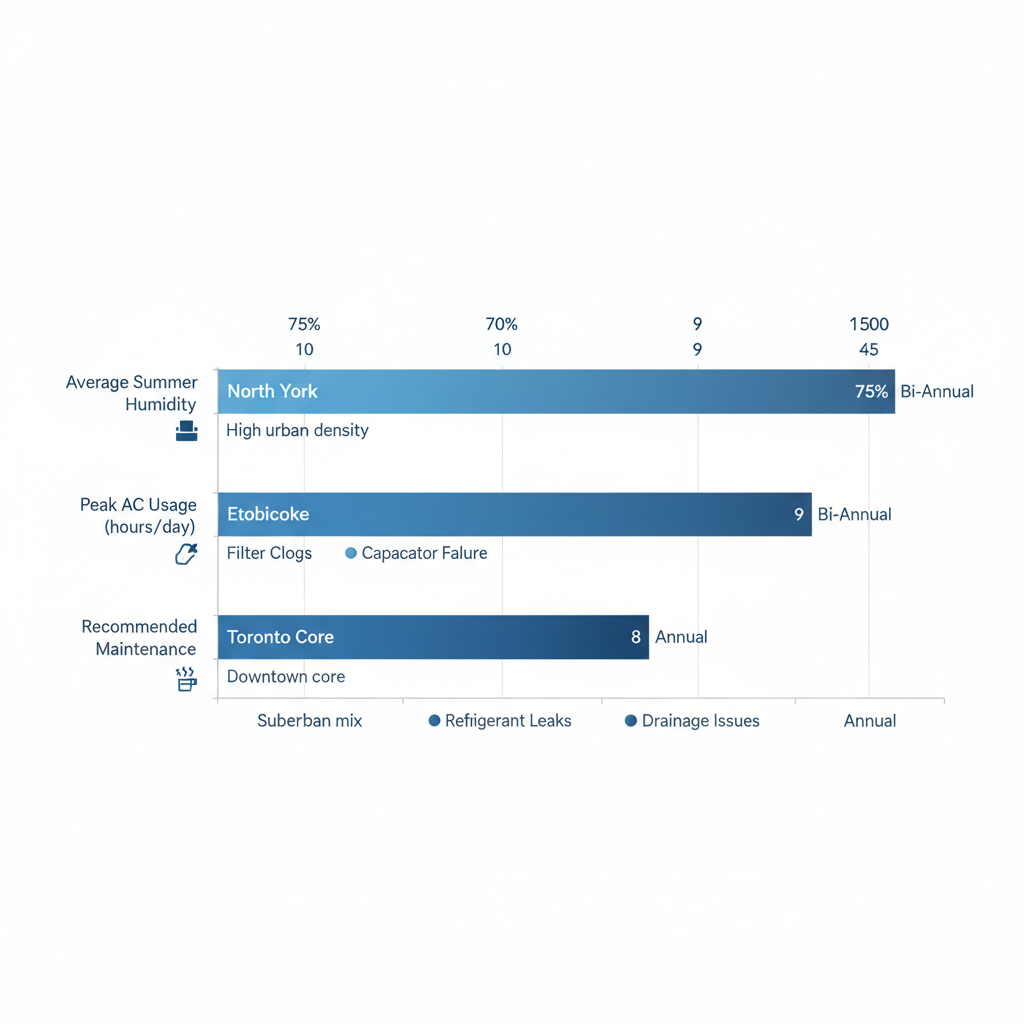 Horizontal bar chart comparing AC performance metrics in North York, Etobicoke, and Toronto Core areas.