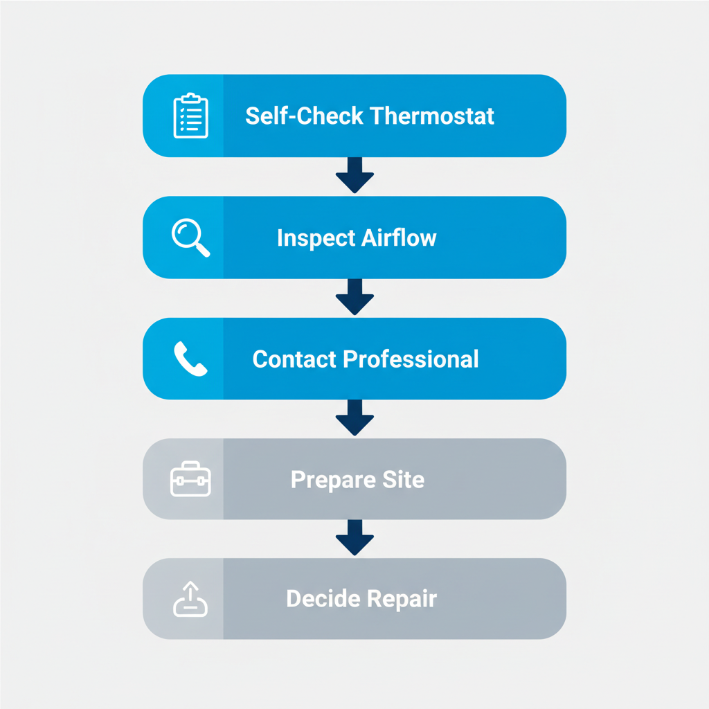 Vertical process flow diagram outlining five steps for addressing AC needs: self-check, inspection, contact, preparation, and decision on repair or replacement.