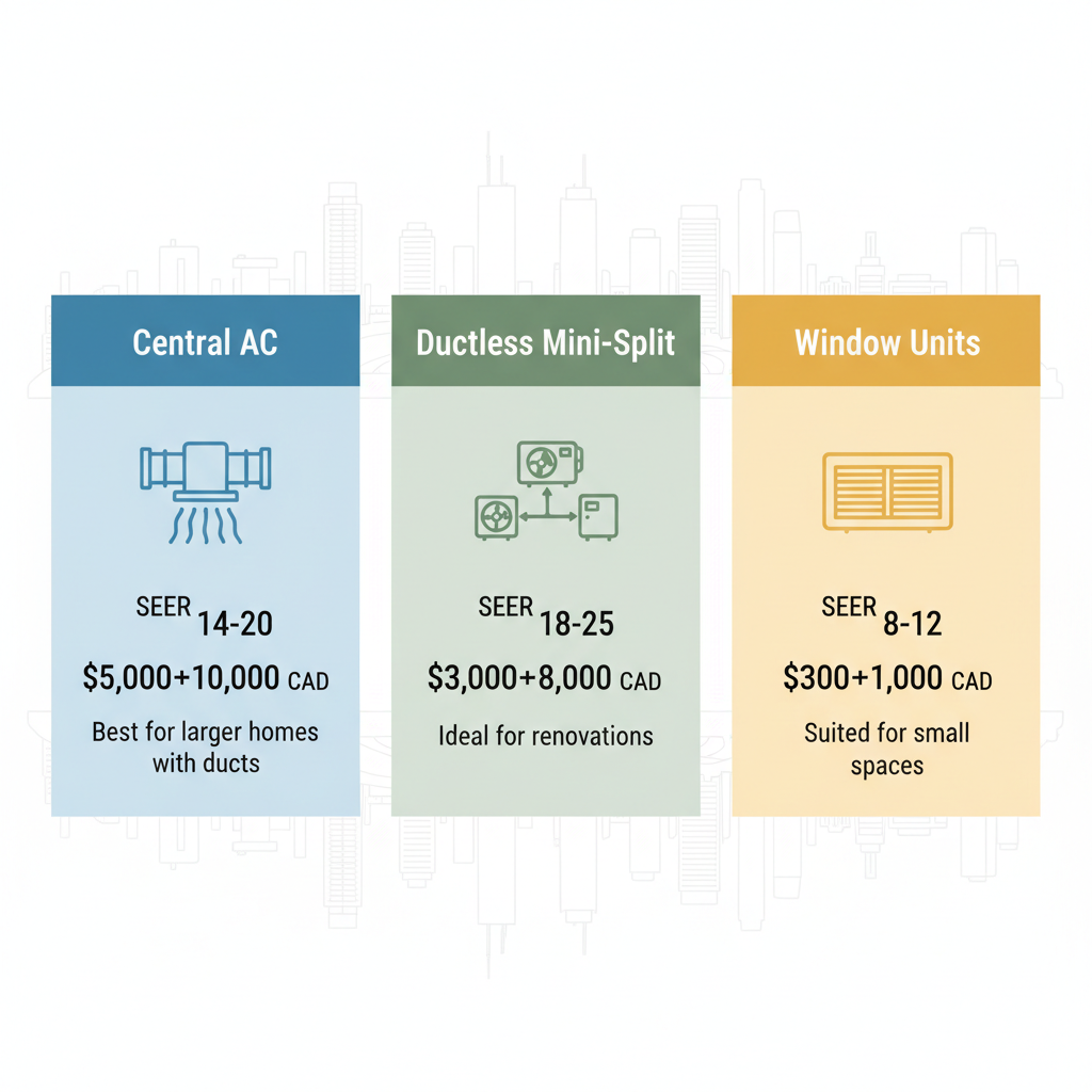 Infographic comparing Central AC, Ductless Mini-Split, and Window Units for Toronto homes, including efficiency ratings, costs, and suitability