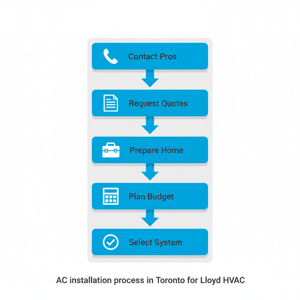 Vertical process flow diagram illustrating five steps for starting AC installation in Toronto: contact pros, request quotes, prepare home, plan budget, select system.