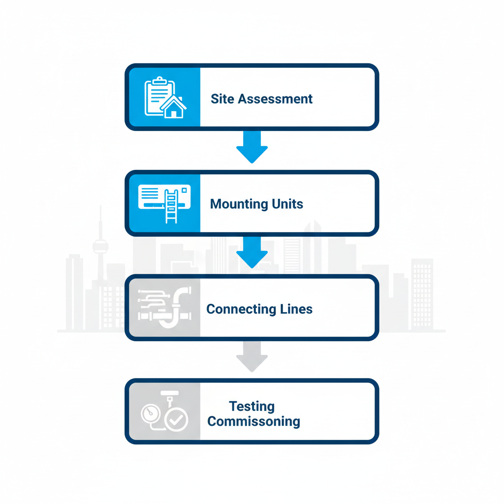 Vertical process flow diagram of ductless AC installation steps in Toronto, featuring site assessment, mounting units, connecting lines, and testing with icons and subtle skyline background.