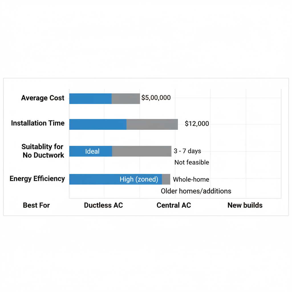 Bar chart comparing ductless and central air conditioning installation costs, time, and suitability in Toronto.