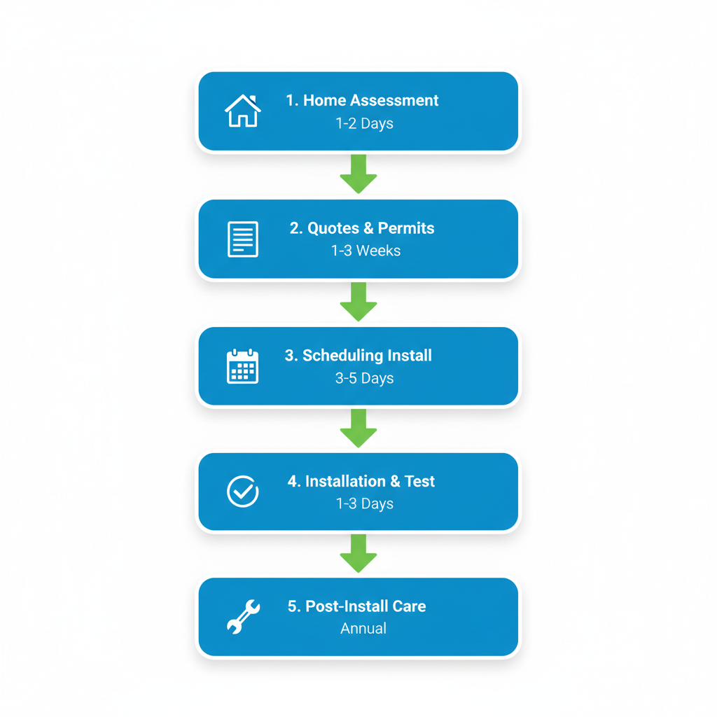 Vertical process flow diagram illustrating the five key steps for installing ductless air conditioning in Toronto, including assessment, quotes, scheduling, testing, and maintenance.