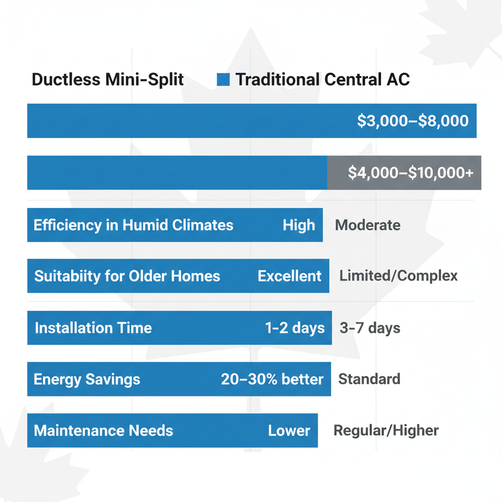 Horizontal bar chart comparing ductless mini-split and traditional central AC systems for Toronto homes, highlighting installation cost, efficiency, and energy savings.