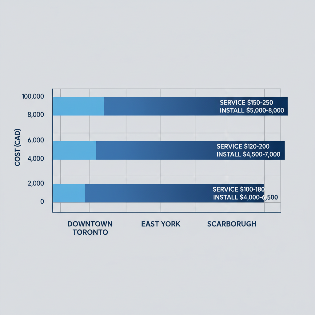 Horizontal bar chart comparing AC service and installation cost ranges in Downtown Toronto, East York, and Scarborough GTA areas.