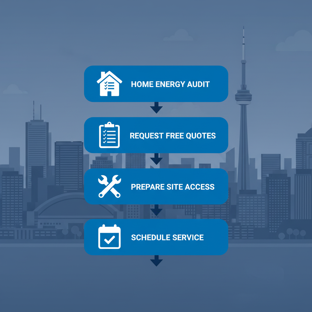 Vertical process flow illustrating four steps to start an AC project: home energy audit, request quotes, prepare site access, schedule service with icons and arrows.