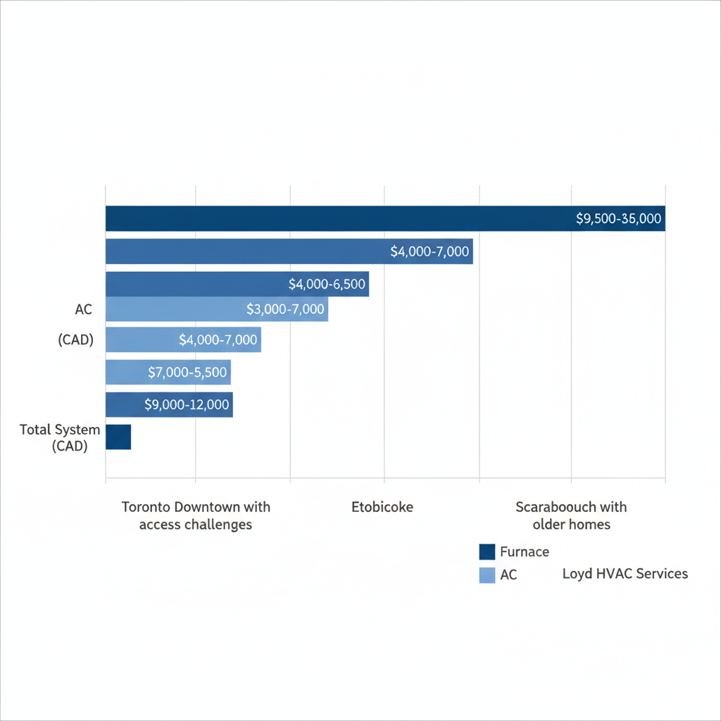 Horizontal bar chart comparing average HVAC installation costs in CAD for furnace, AC, and total systems across Toronto Downtown, Etobicoke, and Scarborough areas.