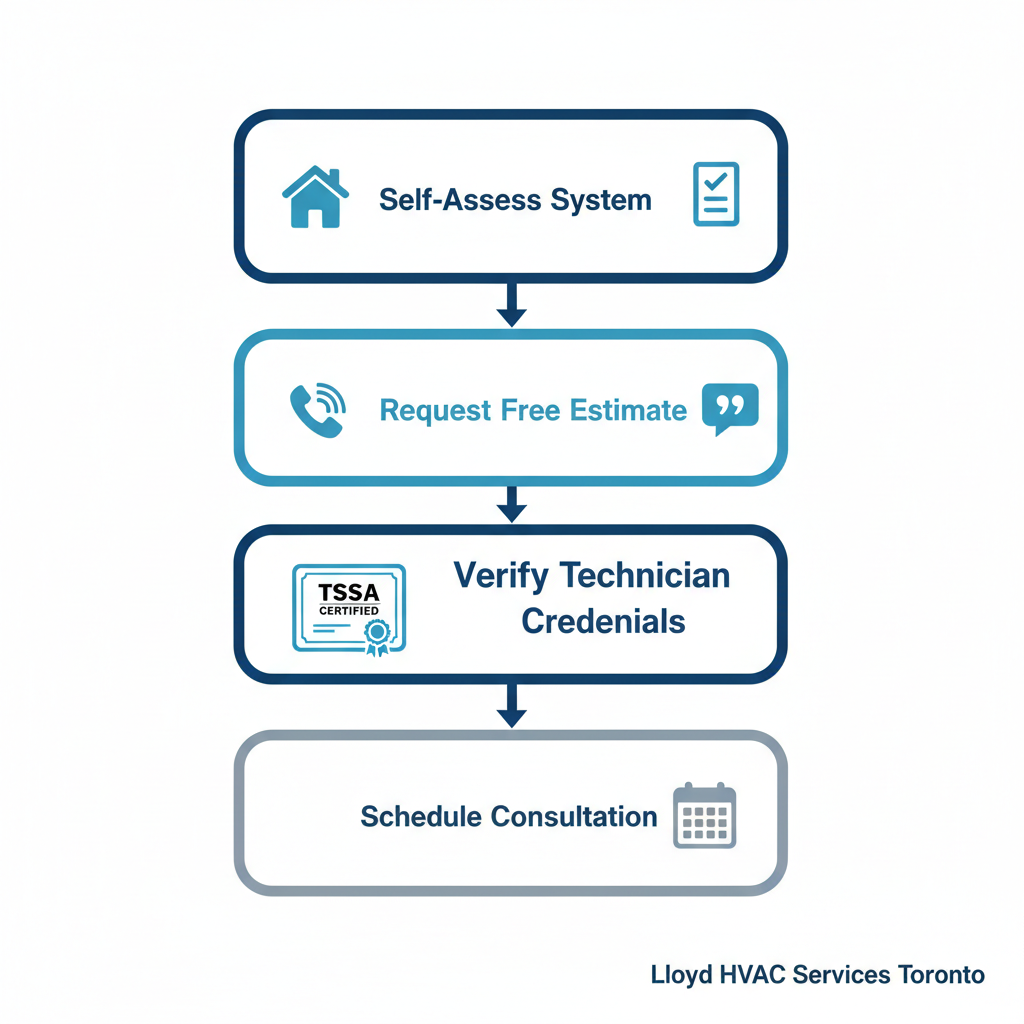 Vertical process flow diagram illustrating four key steps to start an HVAC project, including self-assessment, estimate request, credential verification, and consultation scheduling.