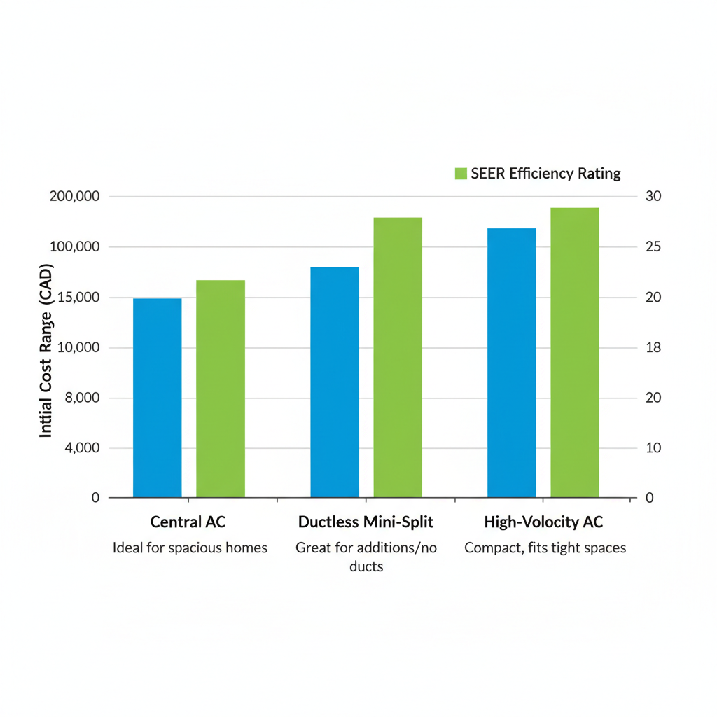 Bar chart comparing costs and efficiency ratings of Central AC, Ductless Mini-Split, and High-Velocity AC systems for Etobicoke homes