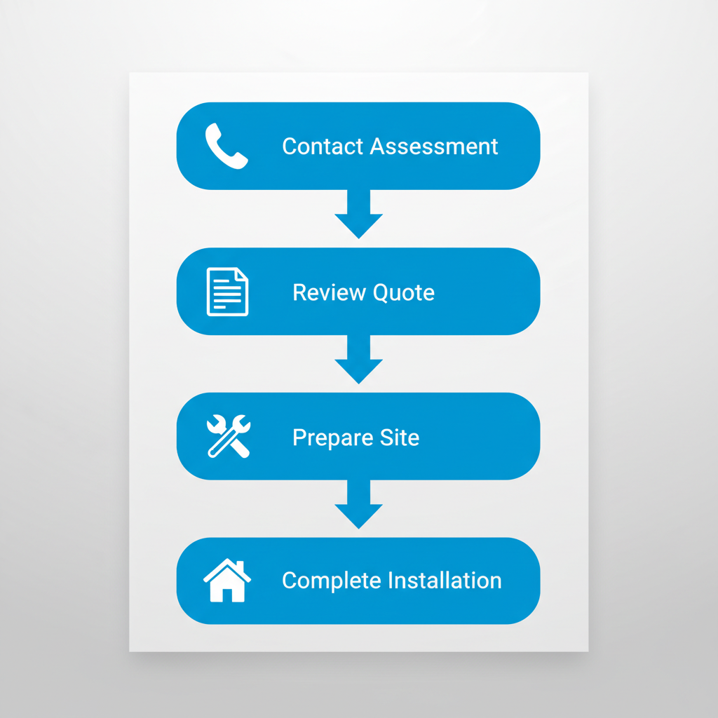 Vertical process flow diagram showing four steps for starting AC installation in Etobicoke: contact assessment, review quote, prepare site, and complete installation with icons and arrows.