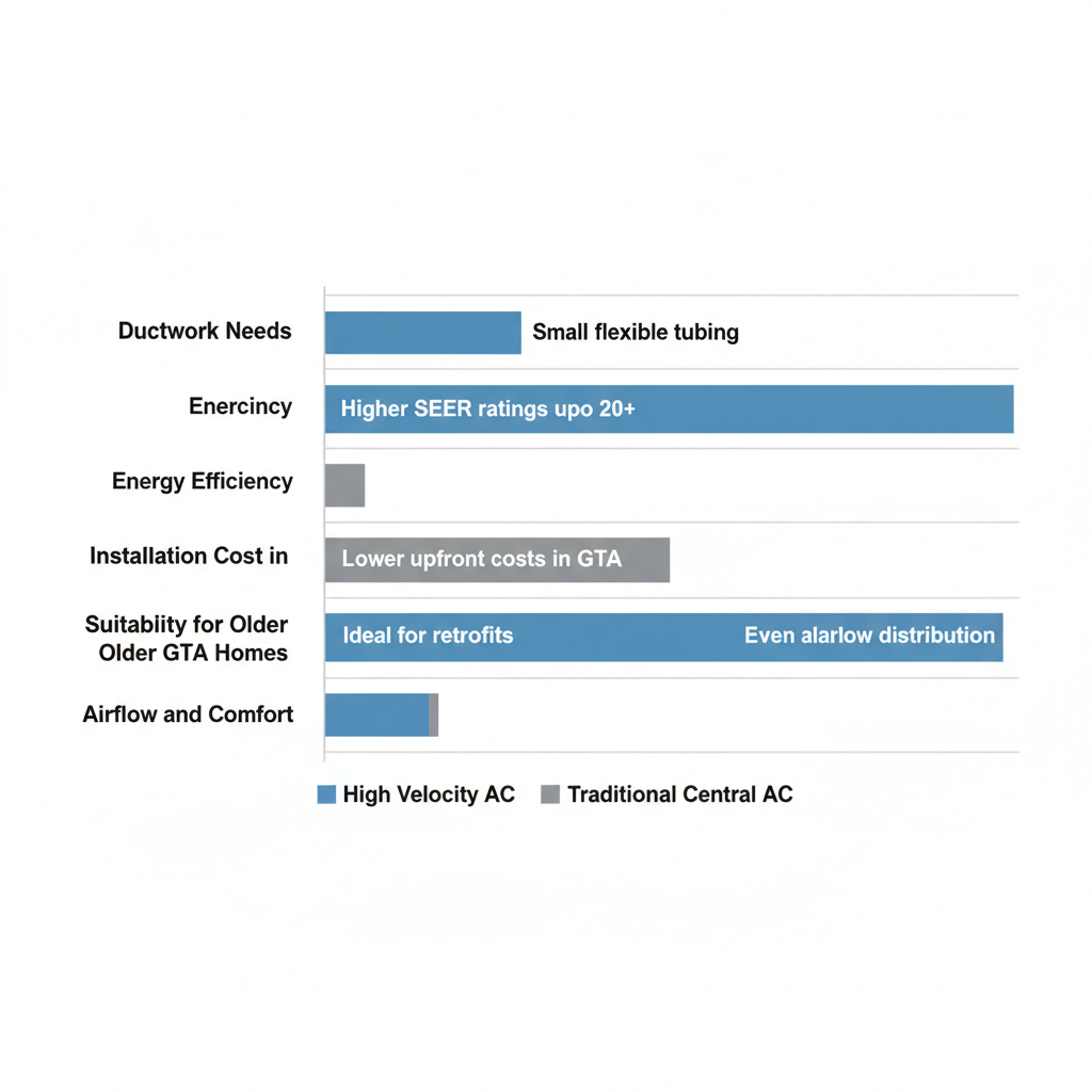 Horizontal bar chart comparing high velocity AC and traditional central AC features for Toronto homes, showing advantages in ductwork, efficiency, cost, suitability, and comfort.