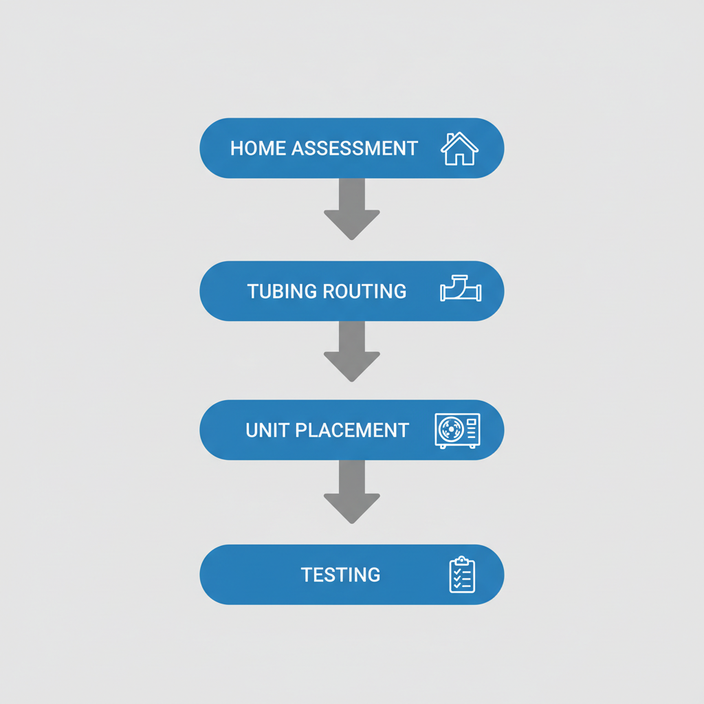 Vertical process flow diagram showing four steps for high velocity AC installation: assessment, tubing routing, unit placement, and testing.