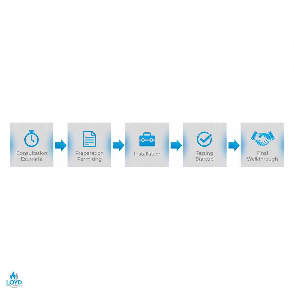 Horizontal process flow diagram of furnace installation stages with icons and arrows