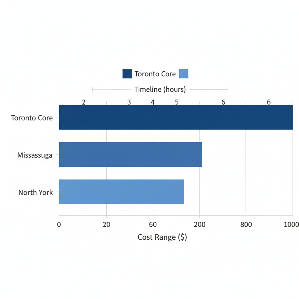 Horizontal bar chart comparing average furnace repair costs and installation timelines across GTA areas including Toronto Core, Mississauga, and North York