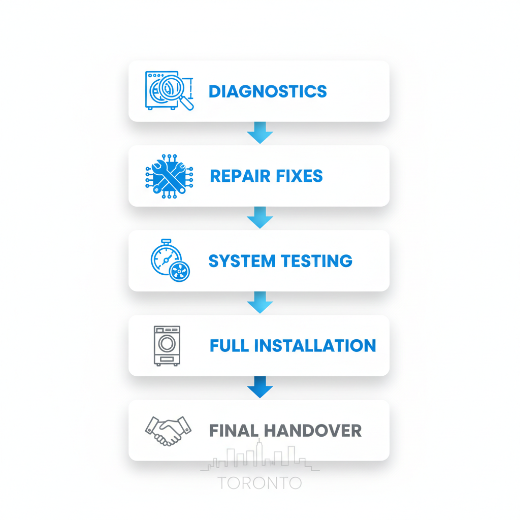 Vertical process flow diagram showing five stages of comprehensive furnace service: diagnostics, repair, testing, installation, and handover with icons and blue arrows.