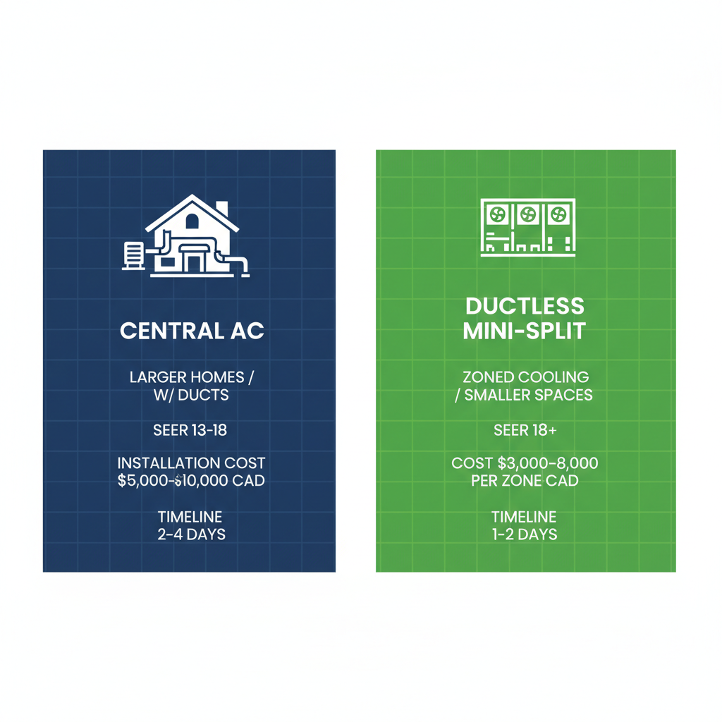 Side-by-side chart comparing Central AC and Ductless Mini-Split systems for Toronto homes, showing suitability, efficiency ratings, costs in CAD, and installation timelines with icons.