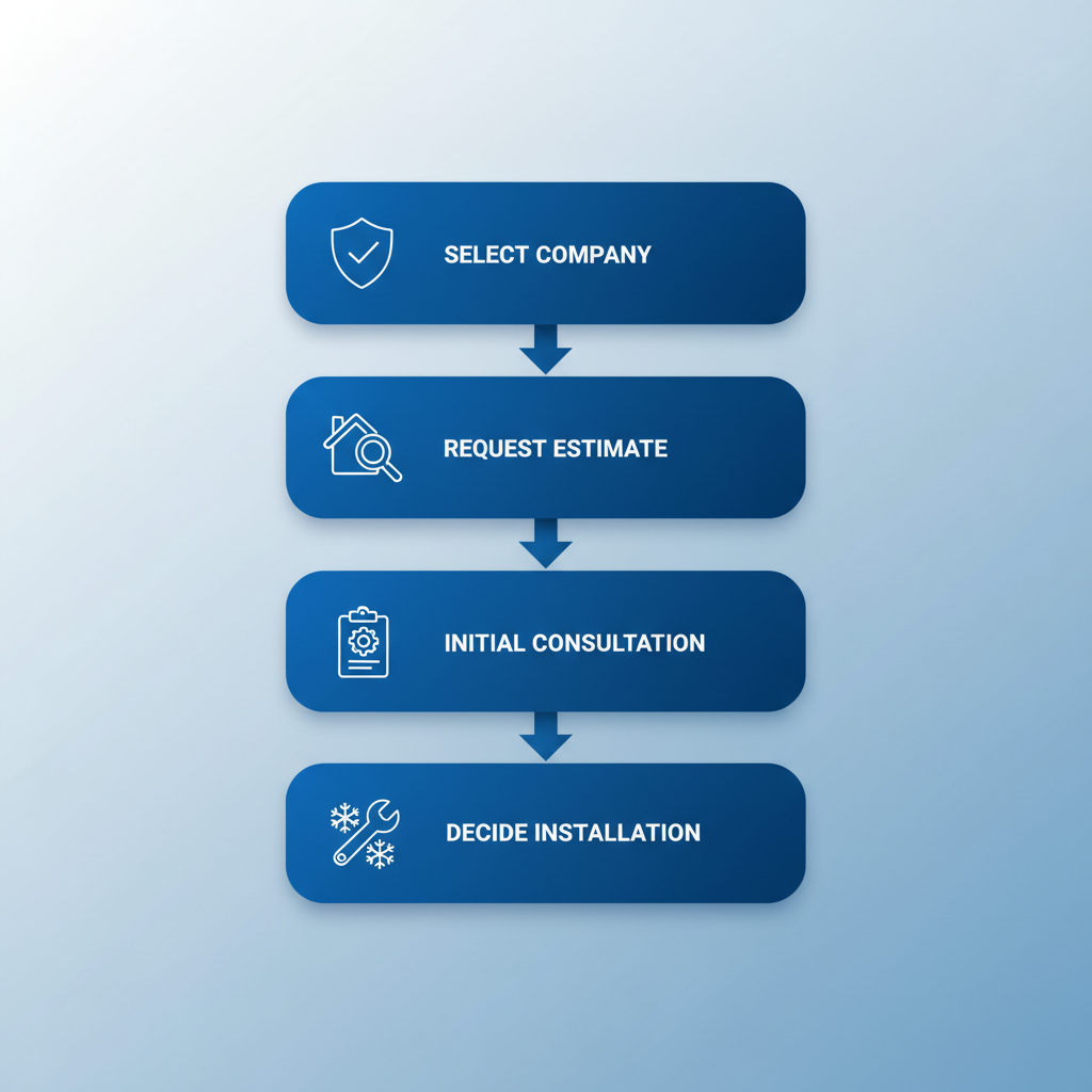 Vertical process flow diagram illustrating four steps to initiate an AC installation project in Toronto, featuring professional icons and blue design elements
