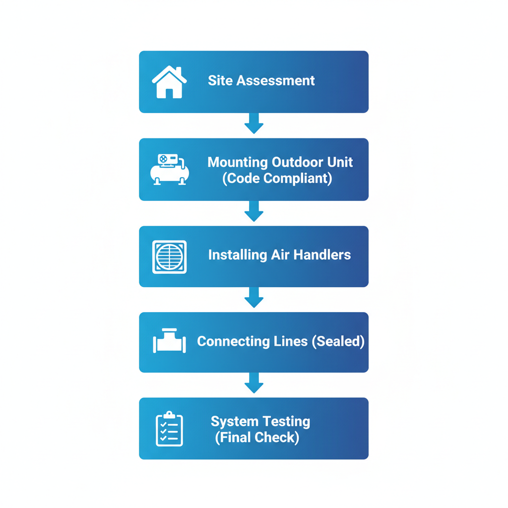 Vertical process flow diagram showing ductless air conditioning installation steps with icons and labels