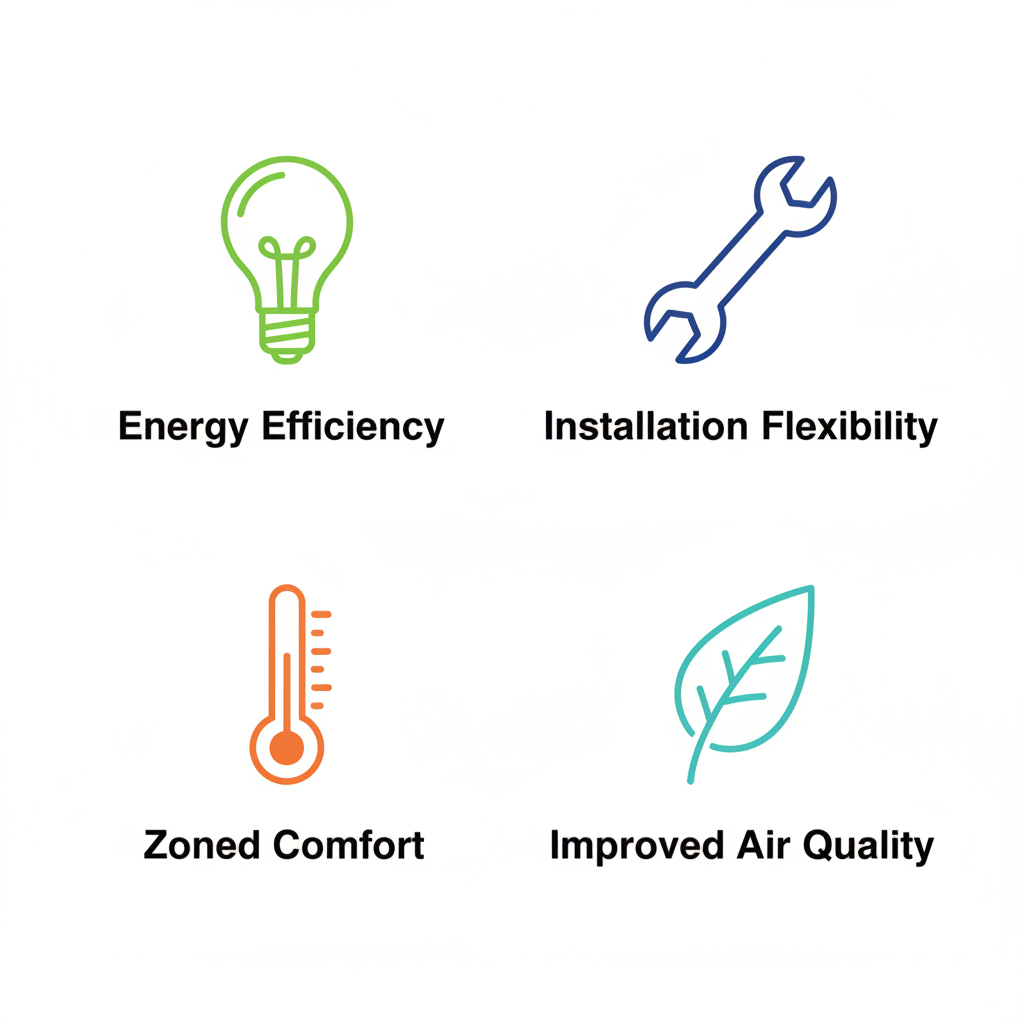 Grid of icons showing energy efficiency, installation flexibility, zoned comfort, and improved air quality for ductless AC systems