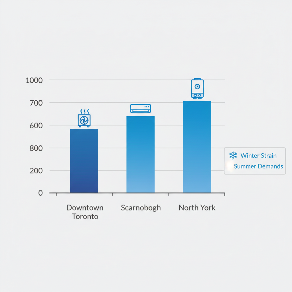 Bar chart comparing average HVAC repair costs in Downtown Toronto, Scarborough, and North York with icons for common issues
