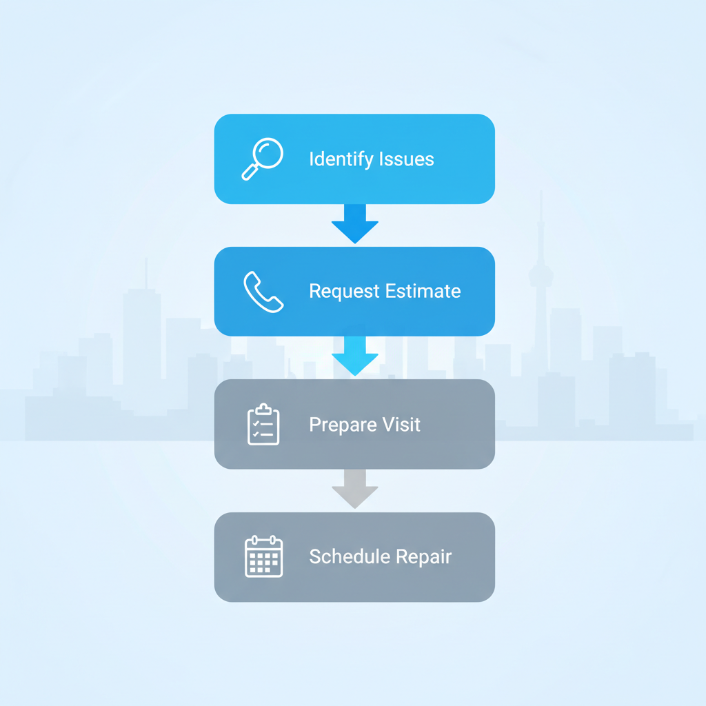 Vertical process flow illustrating four steps to initiate HVAC repair: identify issues, request free estimate, prepare for technician, schedule repair.