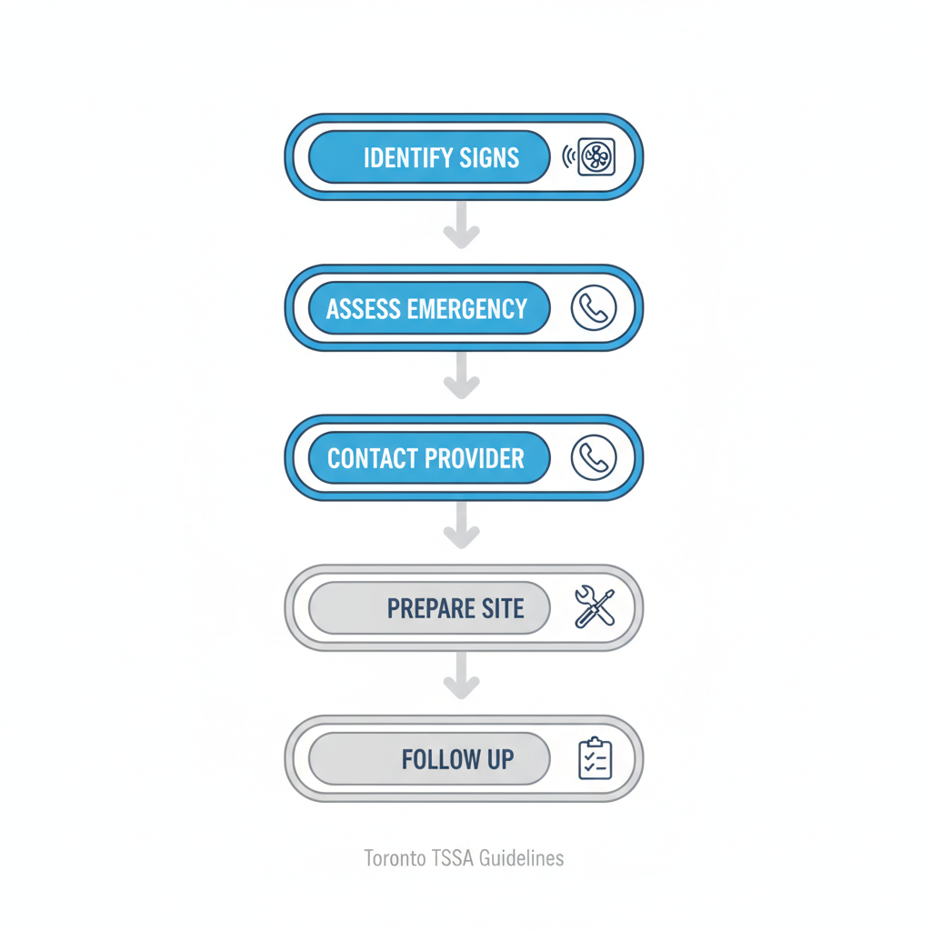 Vertical process flow diagram illustrating five steps for starting HVAC repairs in Toronto: identify signs, assess emergency, contact provider, prepare site, and follow up.