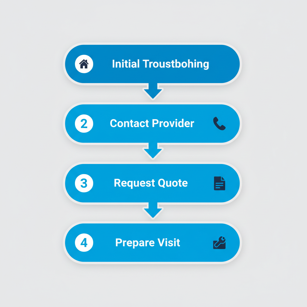 Vertical process flow diagram illustrating four steps to initiate HVAC repair in Toronto: troubleshooting, contacting provider, requesting quote, and preparing for visit.