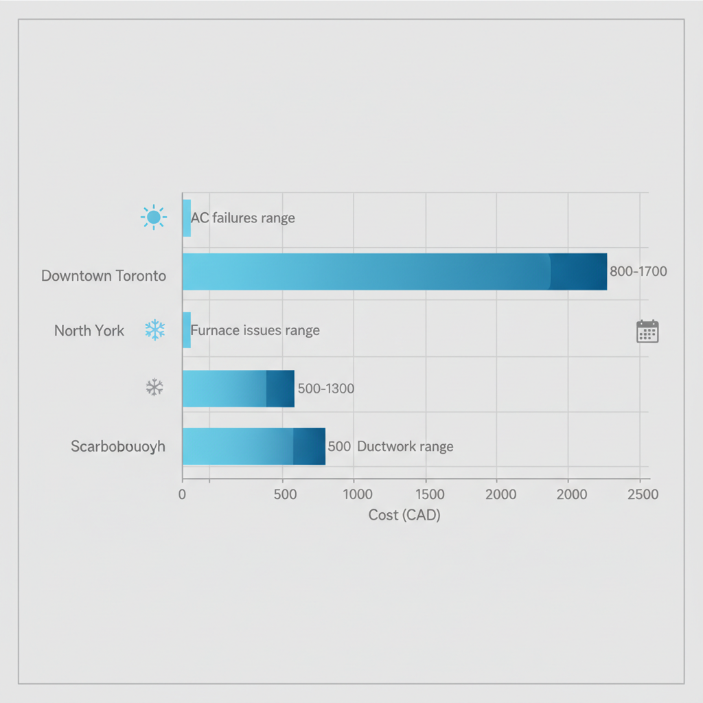 Horizontal bar chart showing average HVAC repair cost ranges in CAD for Downtown Toronto, North York, and Scarborough neighborhoods, with seasonal icons.