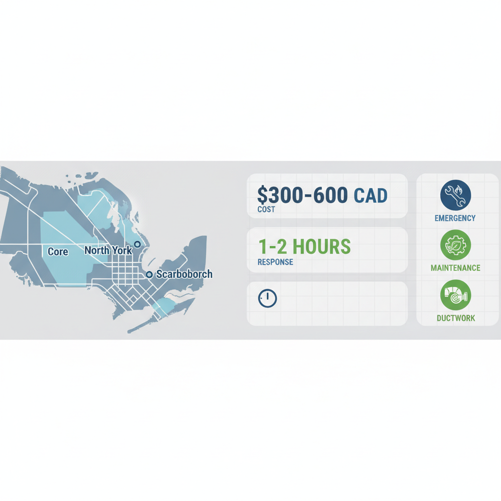 Infographic illustrating furnace repair cost ranges, response times, and services across Toronto Core, North York, and Scarborough neighborhoods.