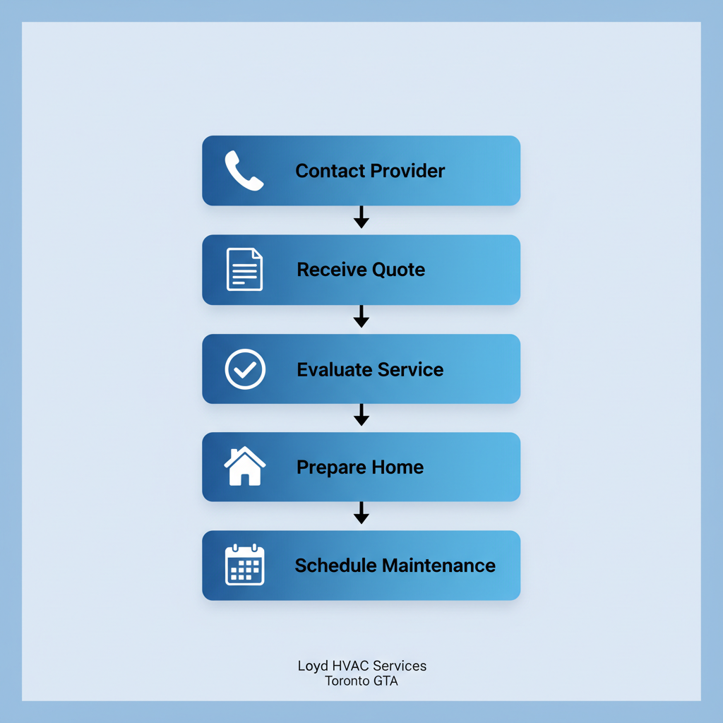 Vertical process flow diagram illustrating five steps to arrange furnace repair service with icons and minimal labels.