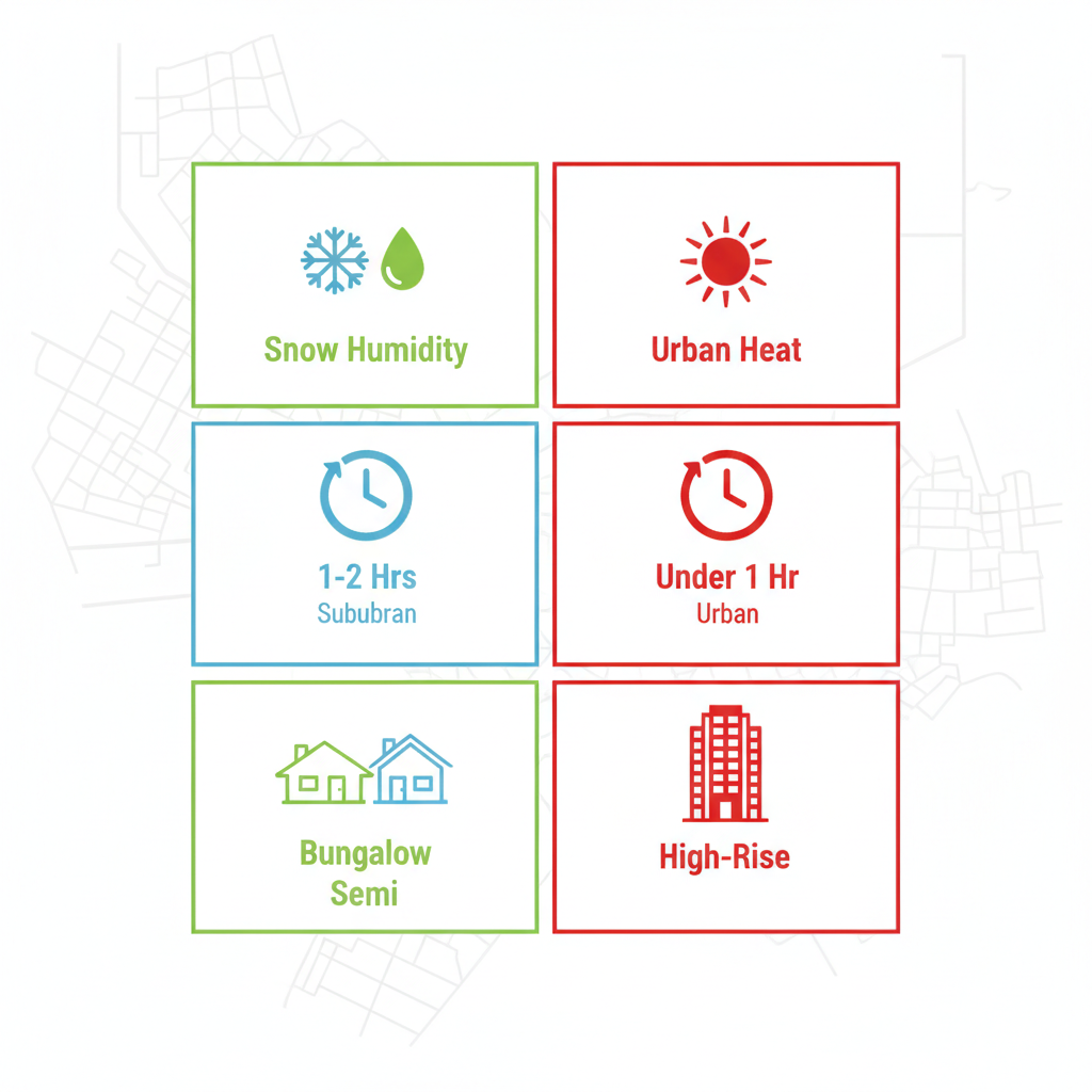 Infographic comparing HVAC repair challenges in Etobicoke and Central Toronto, featuring weather impacts, response times, and home types with icons and minimal labels.