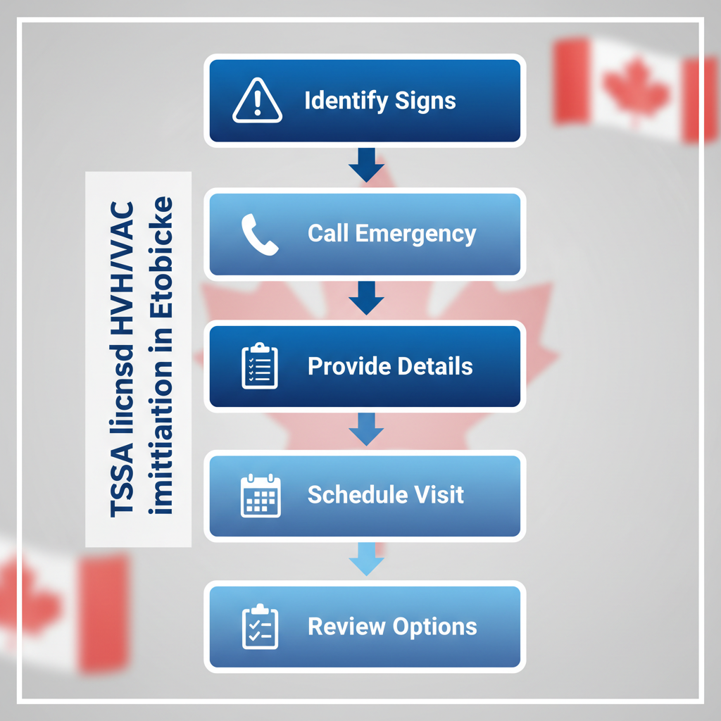 Vertical process flow illustrating five steps to start HVAC repair services in Etobicoke with safety icons