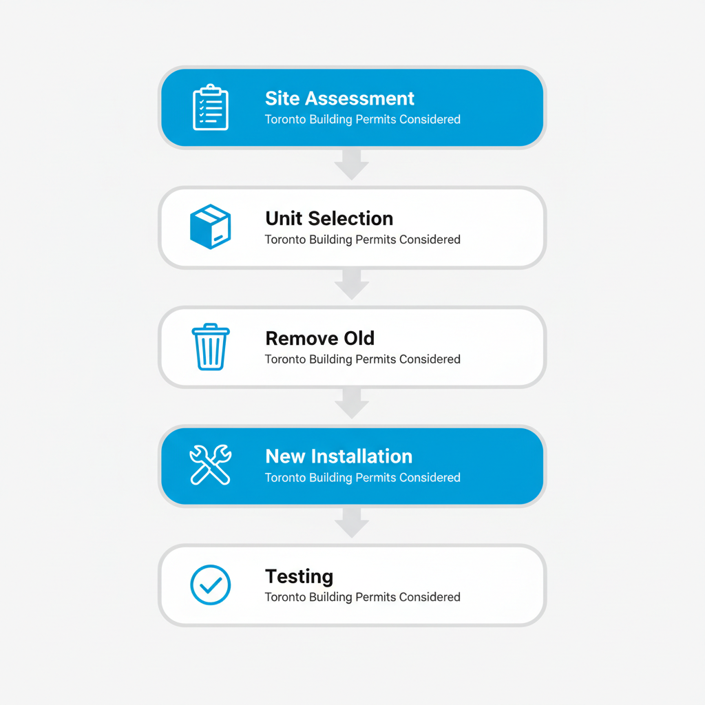 Vertical process flow diagram showing five stages of furnace installation in Toronto with icons and brief labels for accessibility