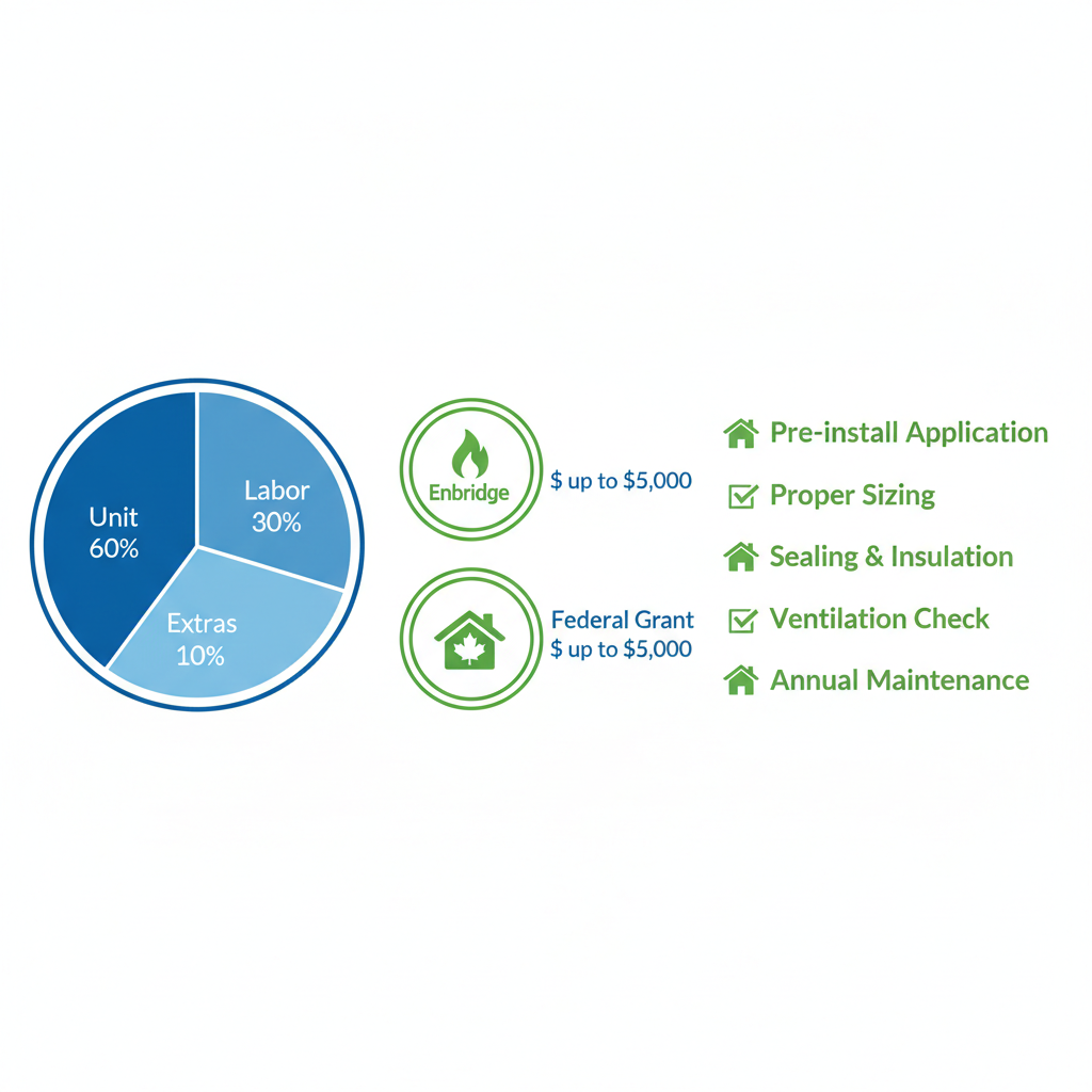 Landscape infographic illustrating budgeting pie chart, rebate incentives, and preparation checklist for Toronto furnace installation best practices.