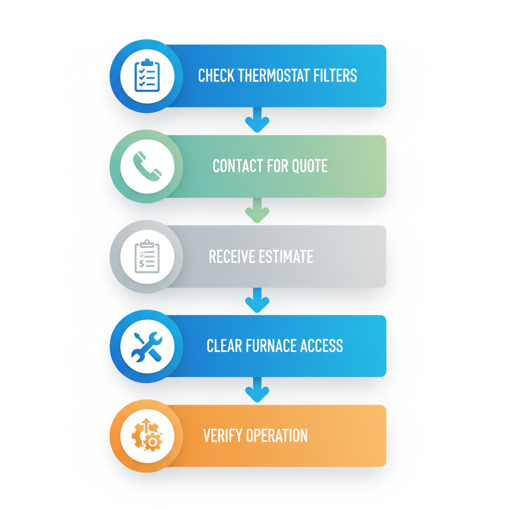 Vertical process flow diagram illustrating five steps for preparing furnace repair with icons and short labels