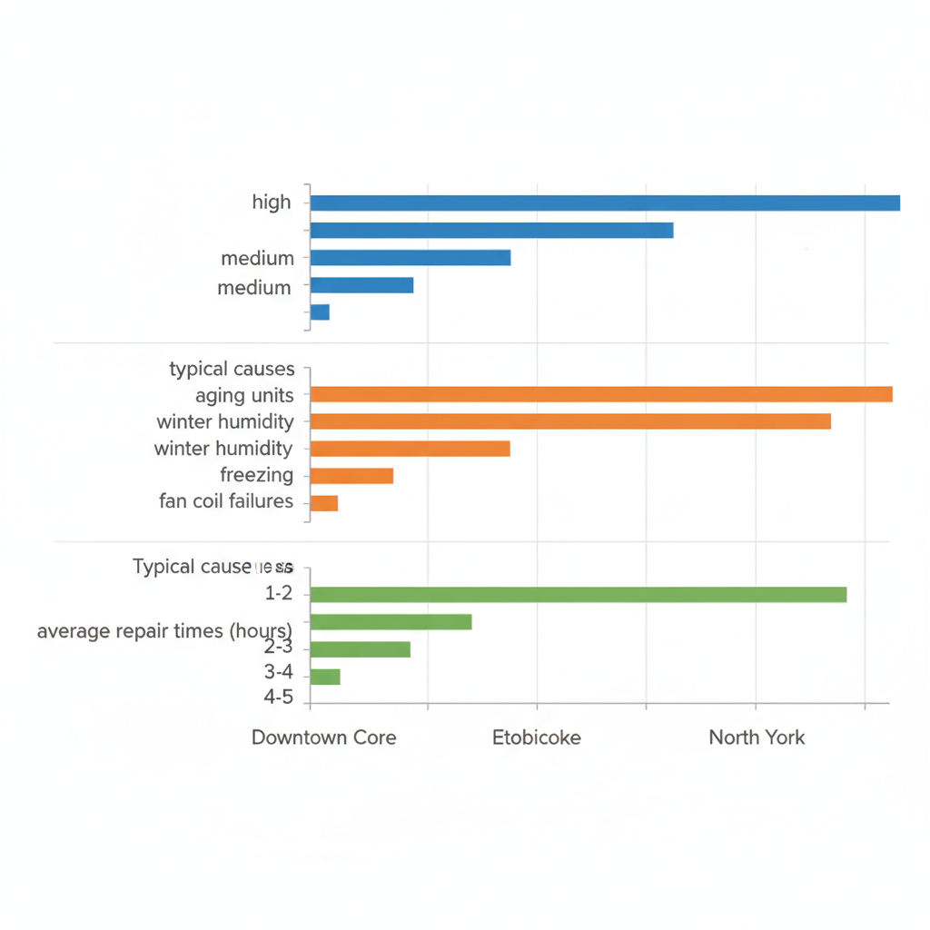 Horizontal bar chart comparing HVAC issue frequencies, causes, and repair times across Toronto neighborhoods like Downtown Core, Etobicoke, and North York