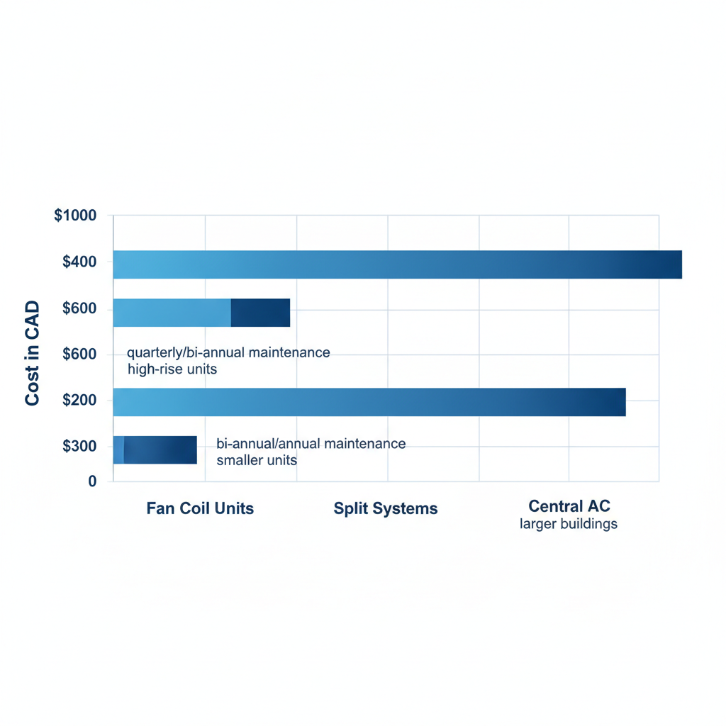 Horizontal bar chart comparing average repair costs for Fan Coil Units, Split Systems, and Central AC in Toronto condos, with maintenance frequencies and suitability notes.