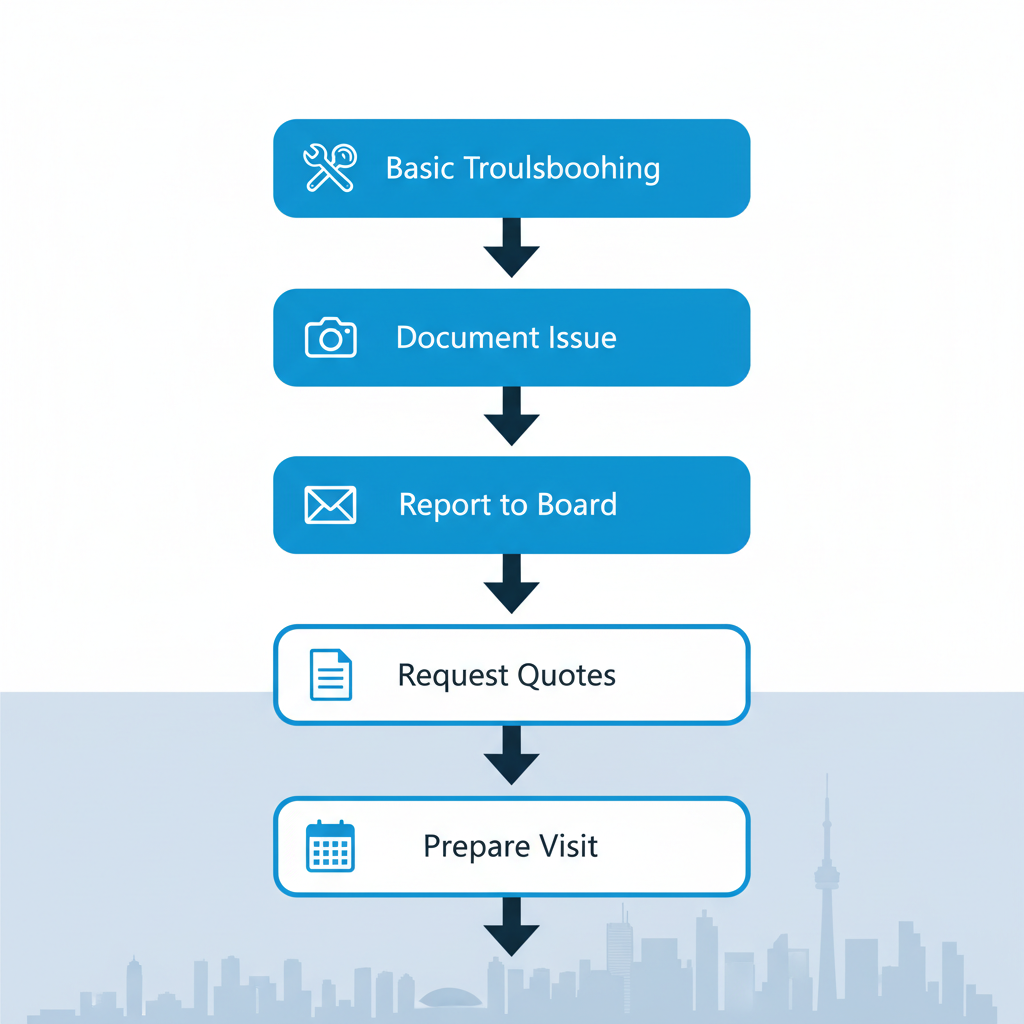 Vertical flowchart showing five steps to initiate condo AC repair in Toronto: troubleshooting, documenting, reporting, requesting quotes, and preparing for visit.