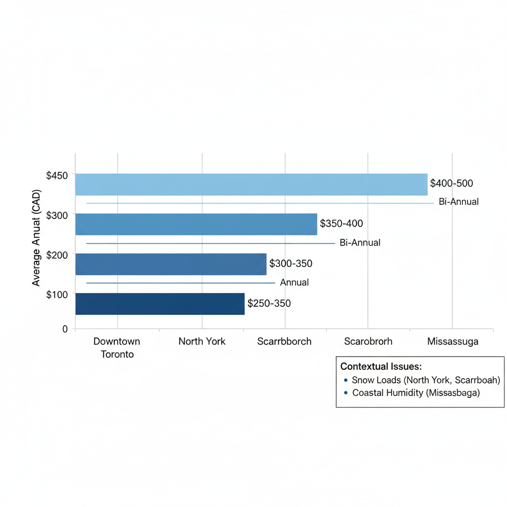 Horizontal bar chart comparing average annual HVAC maintenance costs in CAD across Downtown Toronto, North York, Scarborough, and Mississauga, with frequency recommendations.
