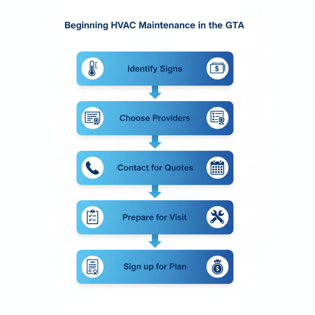 Vertical process flow diagram illustrating five steps to begin HVAC maintenance: identify signs, choose providers, contact for quotes, prepare for visit, and sign up for plan.