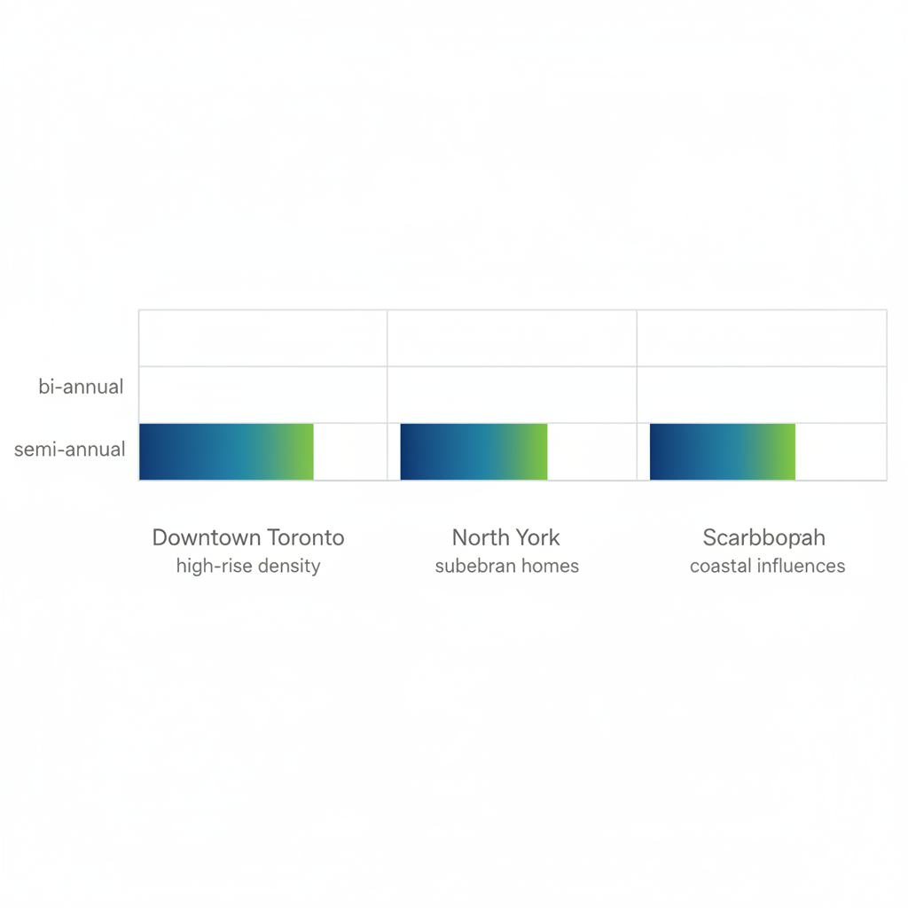 Horizontal bar chart comparing HVAC maintenance frequencies in Toronto neighborhoods: Downtown, North York, and Scarborough, with seasonal variations.