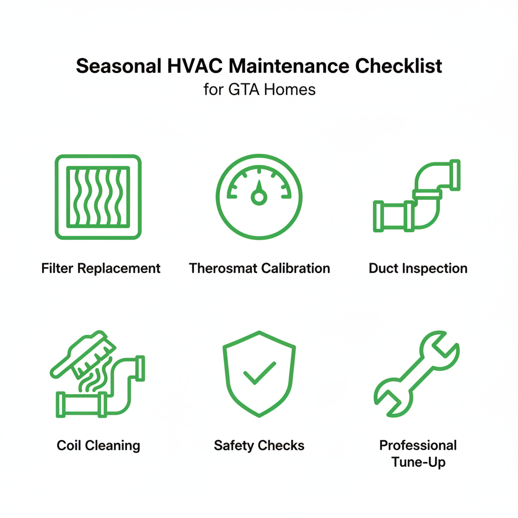 Grid of six icons depicting essential HVAC maintenance practices: air filter replacement, thermostat calibration, duct inspection, coil cleaning, safety checks, and professional tune-up for GTA homes.