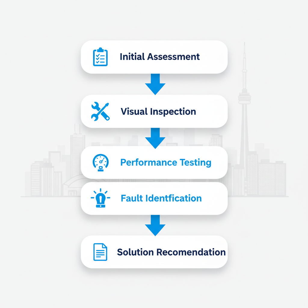 Vertical process flow diagram illustrating the five-stage HVAC diagnostic process: initial assessment, visual inspection, performance testing, fault identification, and solution recommendation.