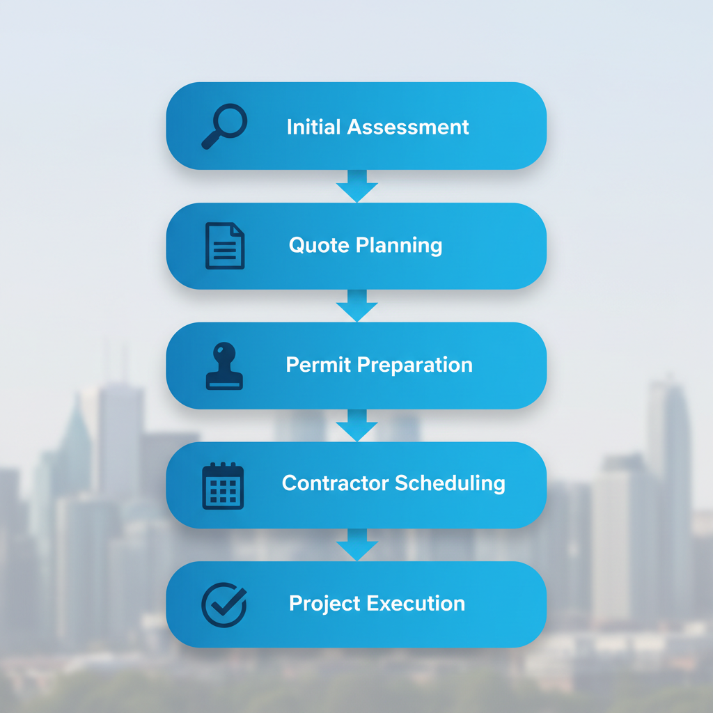 Vertical process flow diagram illustrating five steps to begin commercial HVAC projects in Toronto: assessment, planning, permits, scheduling, and execution with icons.