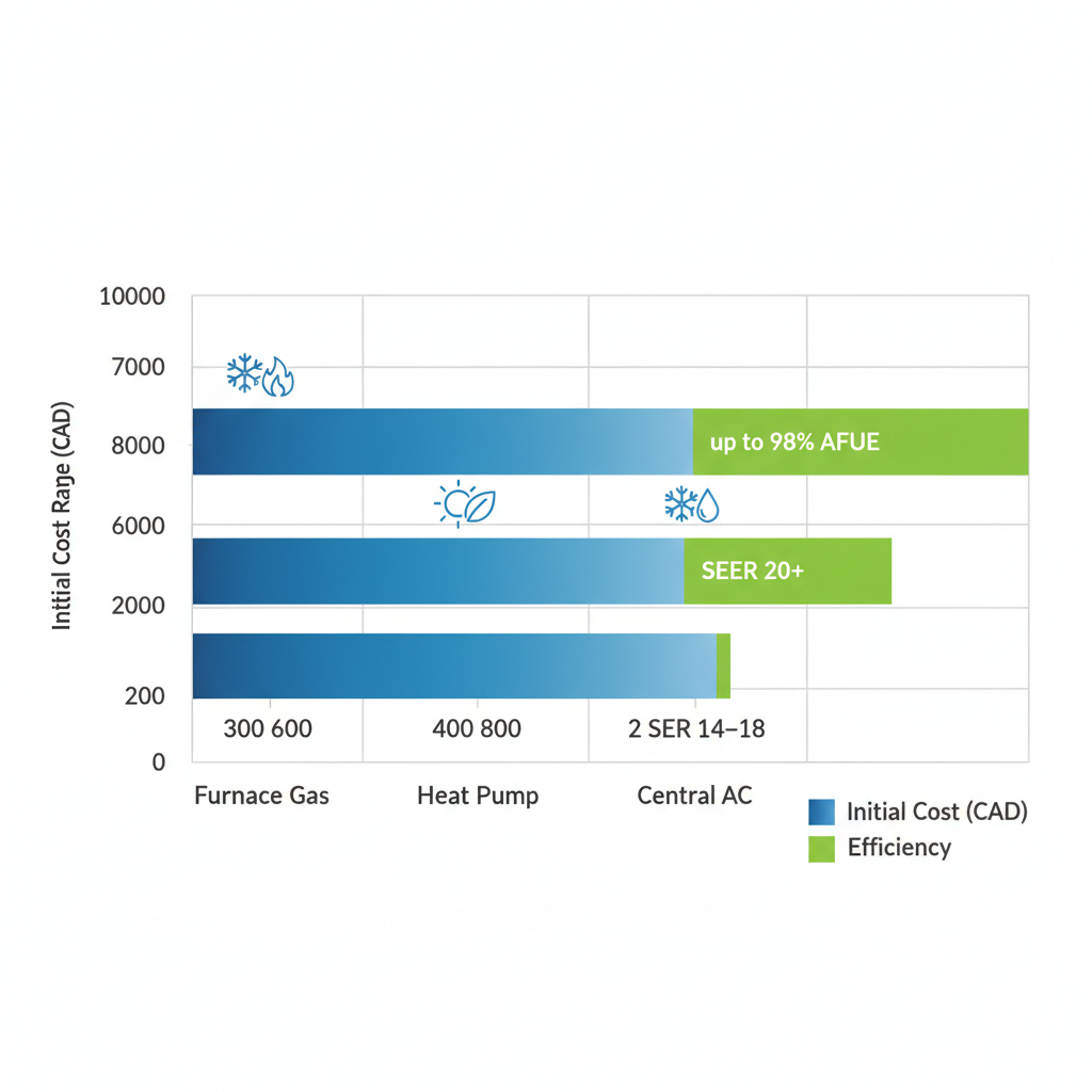 Horizontal bar chart comparing costs and energy efficiency of Furnace, Heat Pump, and Central AC systems for GTA HVAC needs