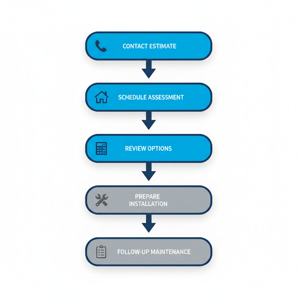 Vertical process flow illustrating five steps to initiate HVAC services in Toronto, featuring icons and brief labels.