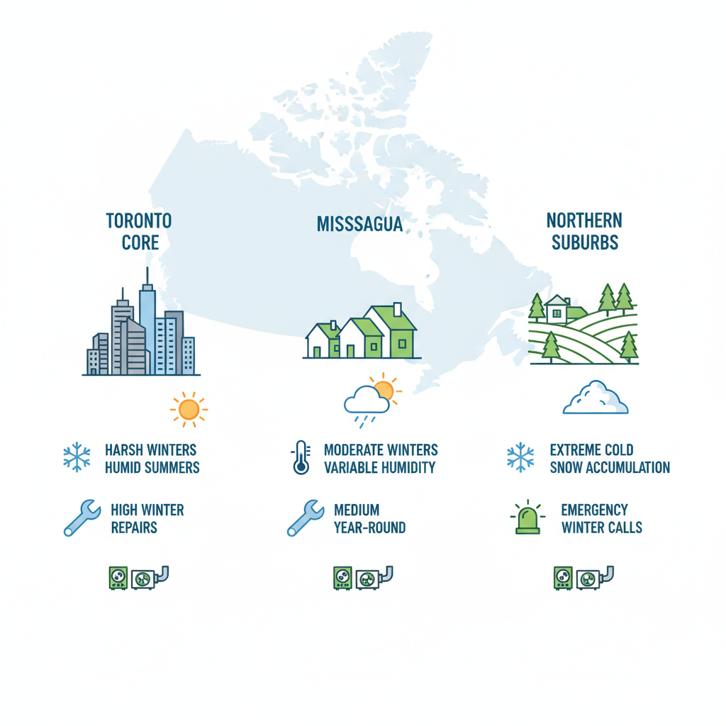 Infographic comparing HVAC service demands in Toronto Core, Mississauga, and Northern Suburbs with icons and climate descriptions