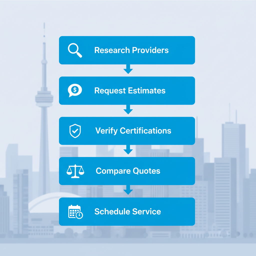 Vertical process flow diagram showing five steps to hire an HVAC contractor in Toronto: research providers, request estimates, verify certifications, compare quotes, and schedule service.