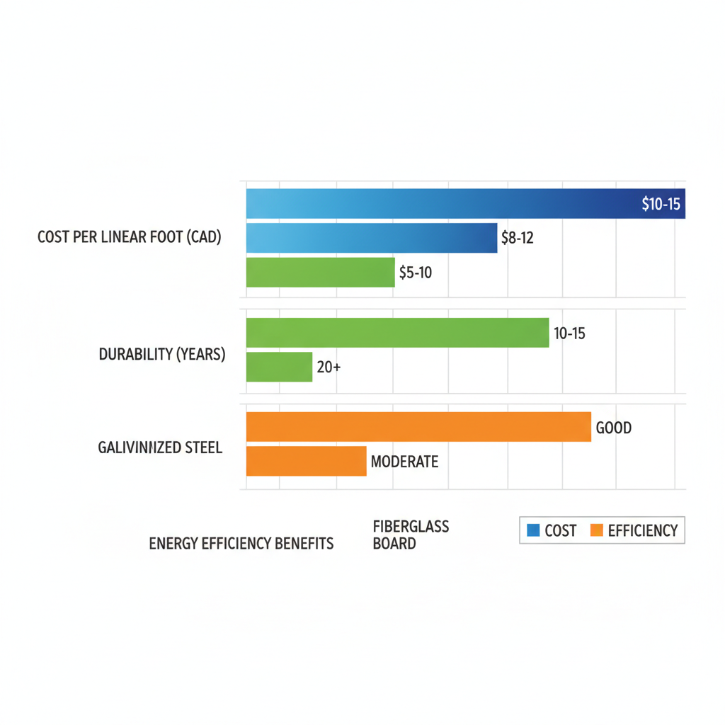 Horizontal bar chart comparing costs, durability, and efficiency of galvanized steel, flexible ducting, and fiberglass board HVAC materials for Toronto climates.