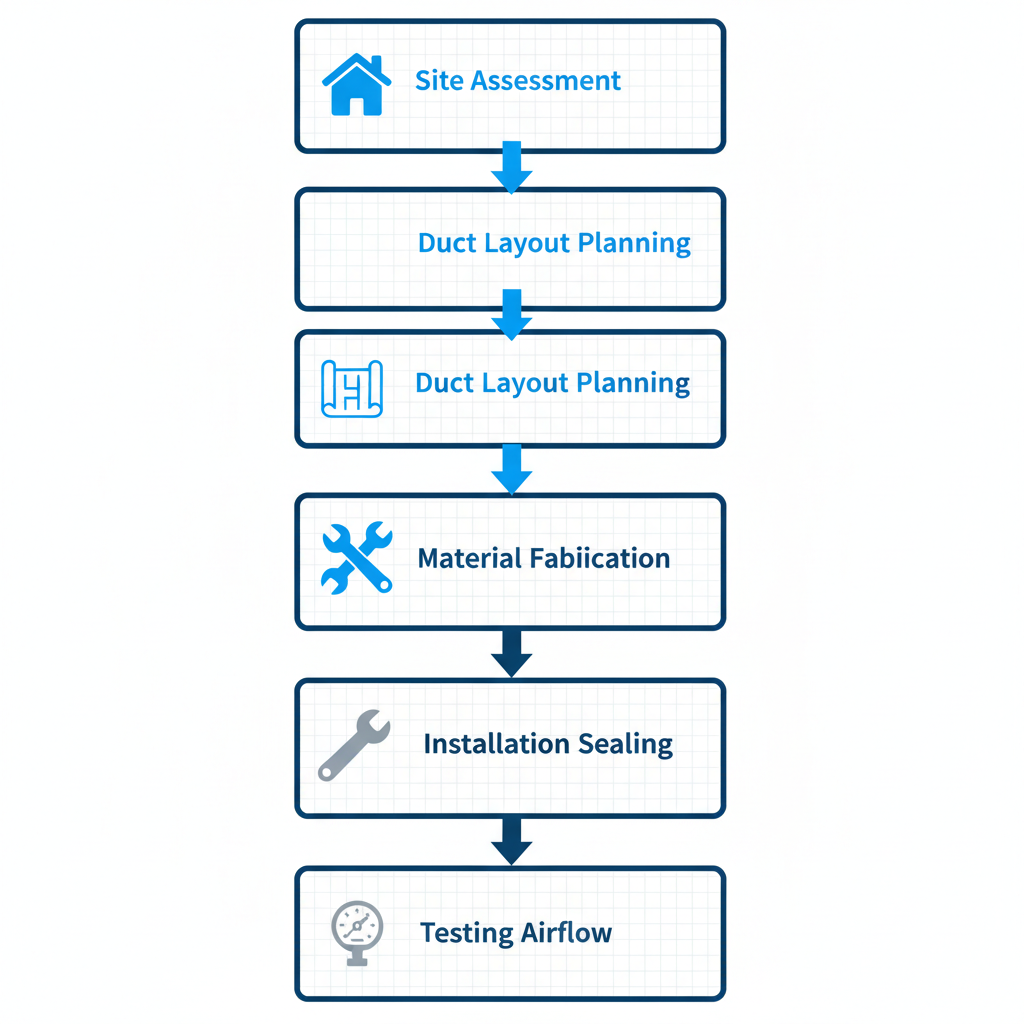 Vertical process flow diagram illustrating the five key stages of HVAC ducting installation in a Toronto home, featuring icons for assessment, planning, fabrication, installation, and testing.